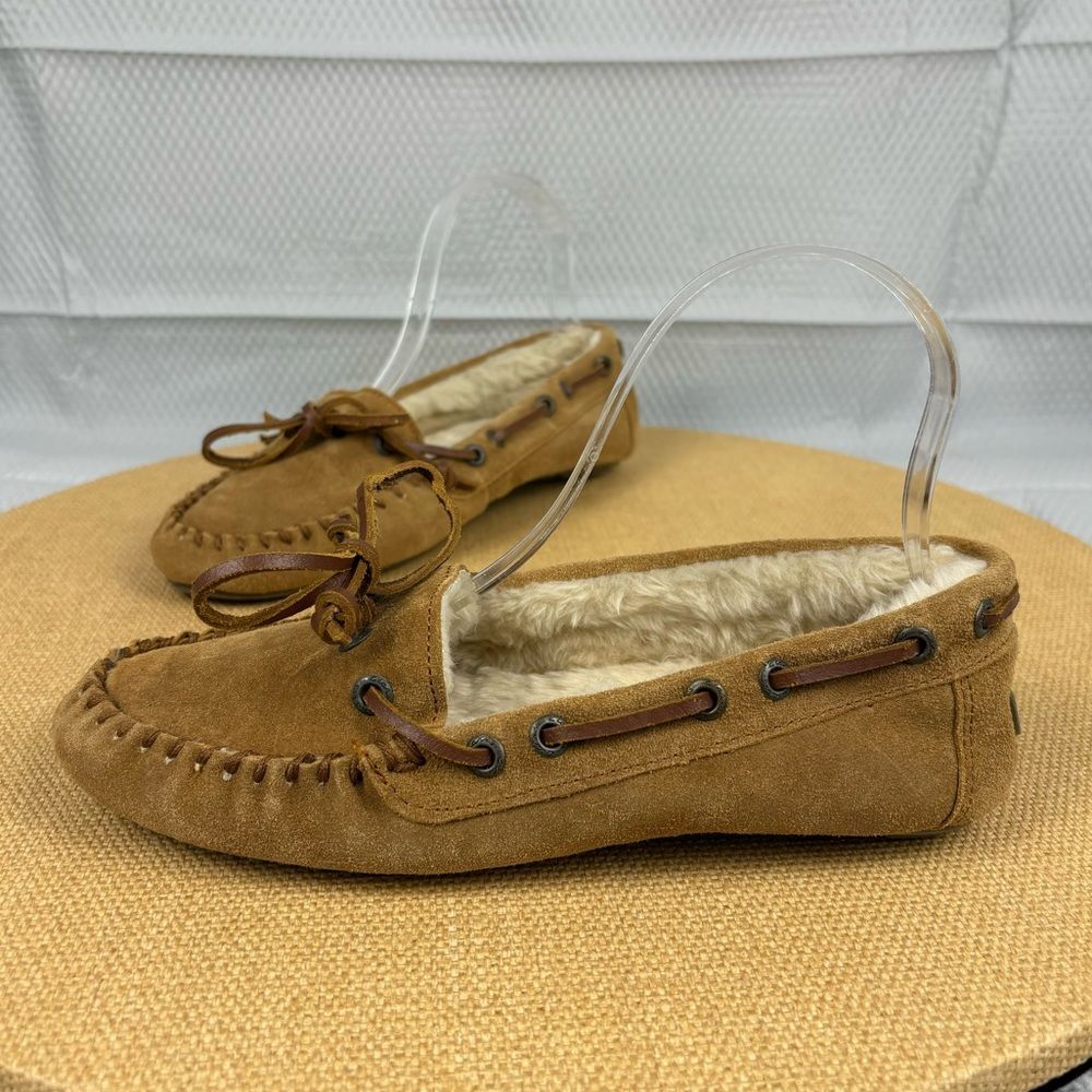 Clarks | Tan Brown Leather Furry Slip On Moccasin Shoes | Size 7